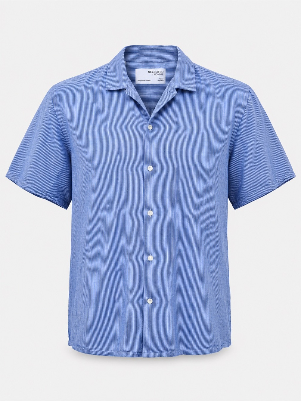 Selected Homme Camp Shirt Men’s Large Blue White Stripe Linen Blend Vacation